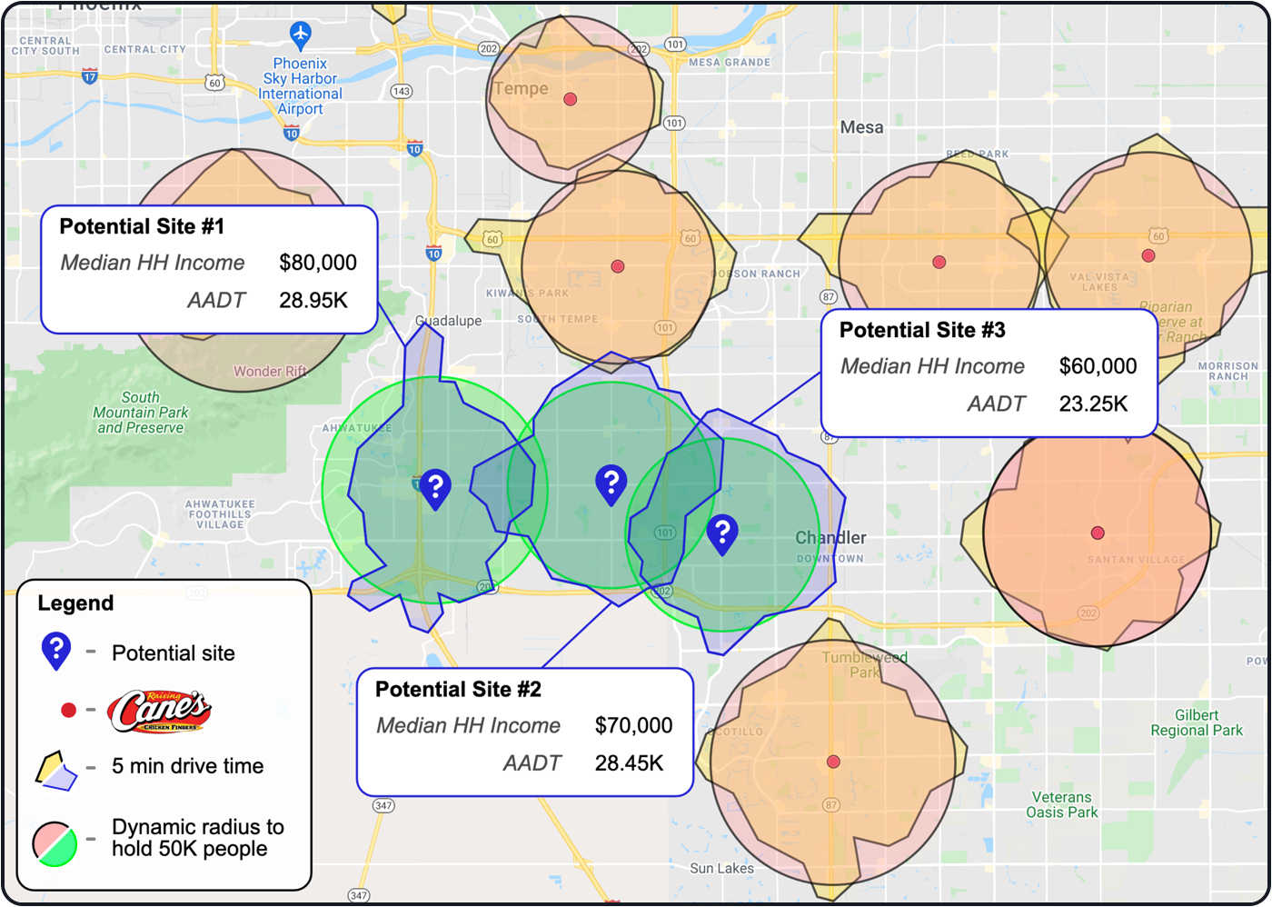 Potential Canes locations with a drive time and population buffer around them