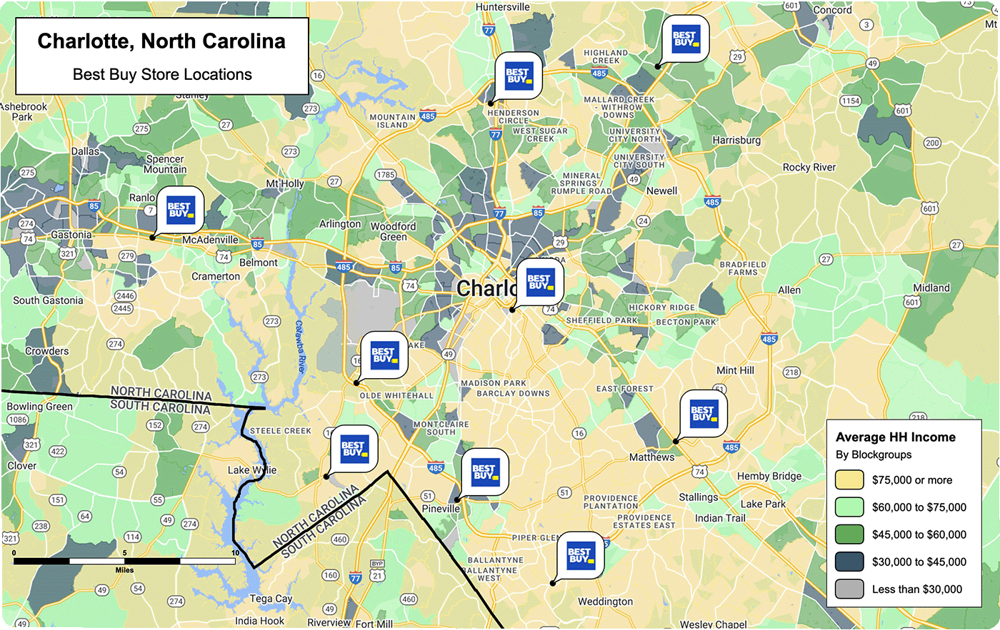 Charlotte map with Best Buy locations