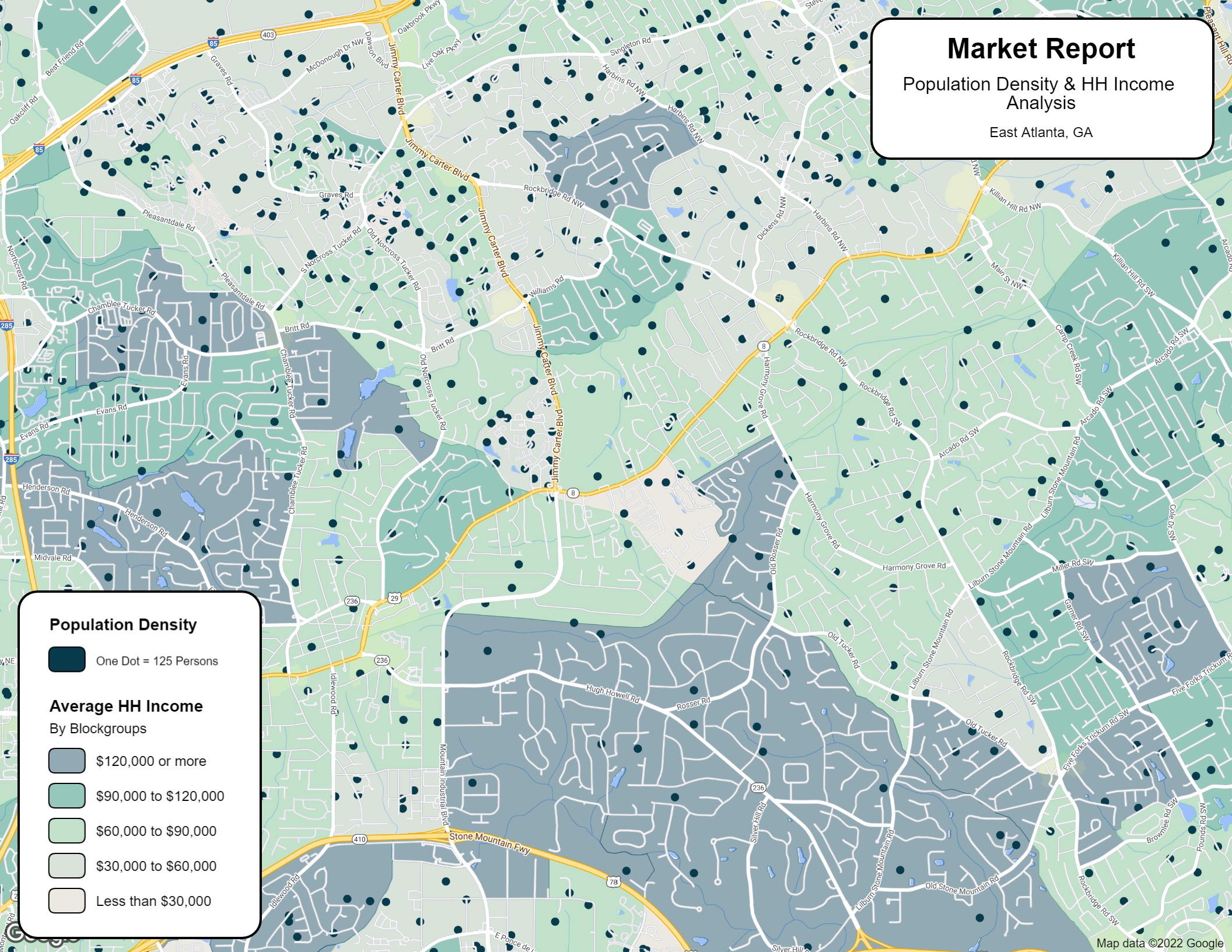 Dot density map of population with income shading