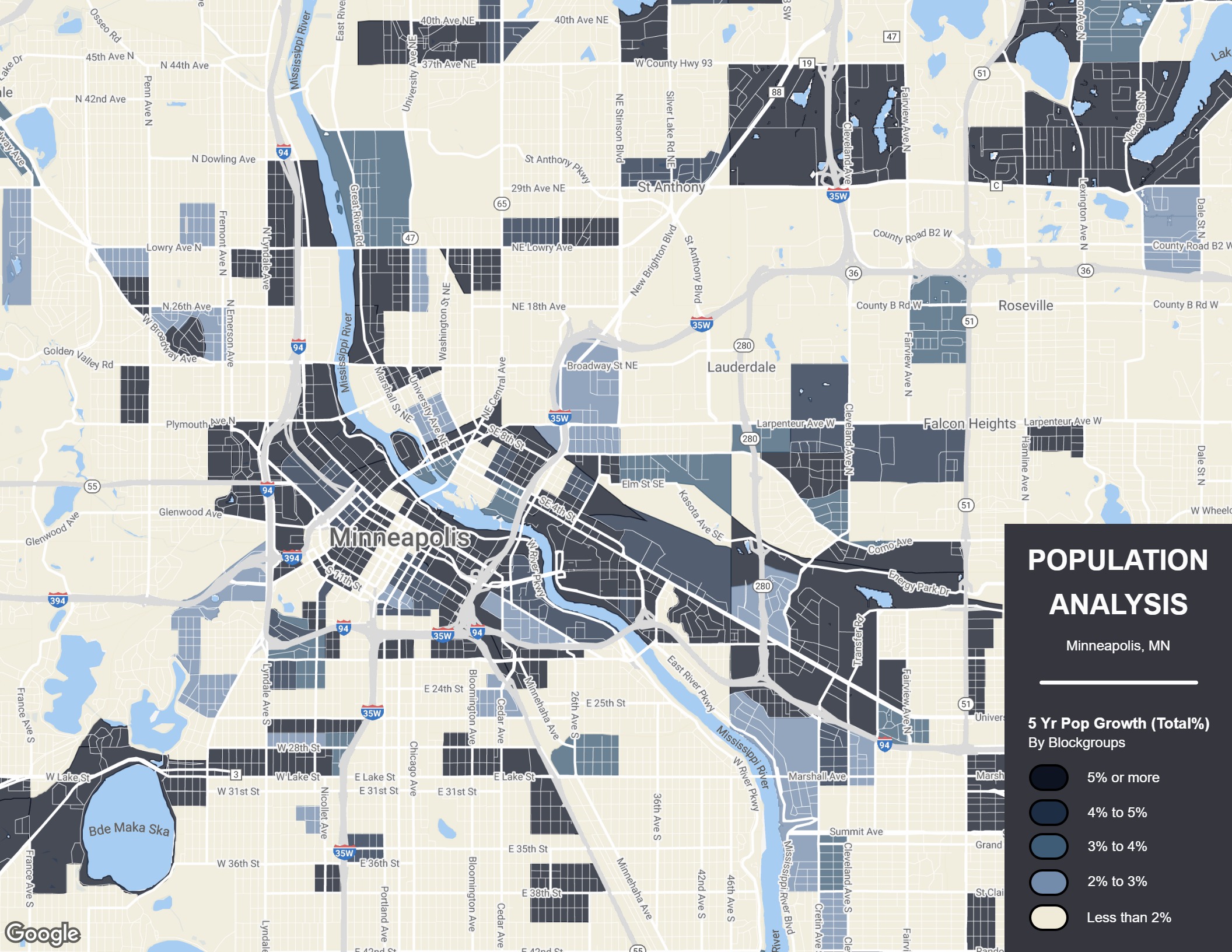 Demographic map shaded by population growth