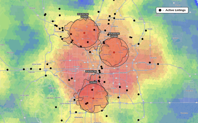 Market Optimization map with Active Listings and top sites